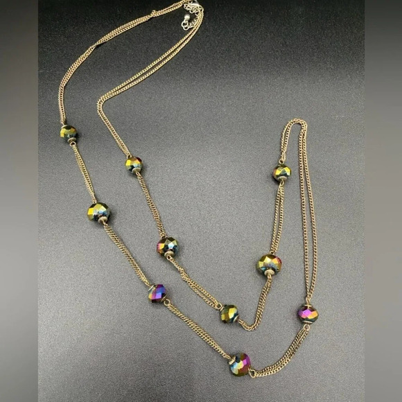 Dainty Aurora Borealis Stationary Glass Beaded Necklace - Picture 1 of 10